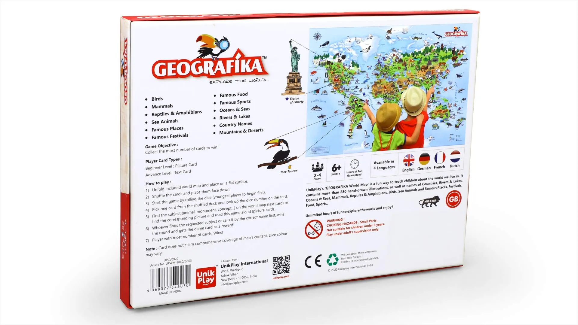 UnikPlay Geografika World Map Game - Game Night, Engaging Board Games for Kids 6-8, Games Ages 4-8 – Non-Tearable, Waterproof Illustrated Map with 280  Trivia Questions, 48 Double-Sided Cards