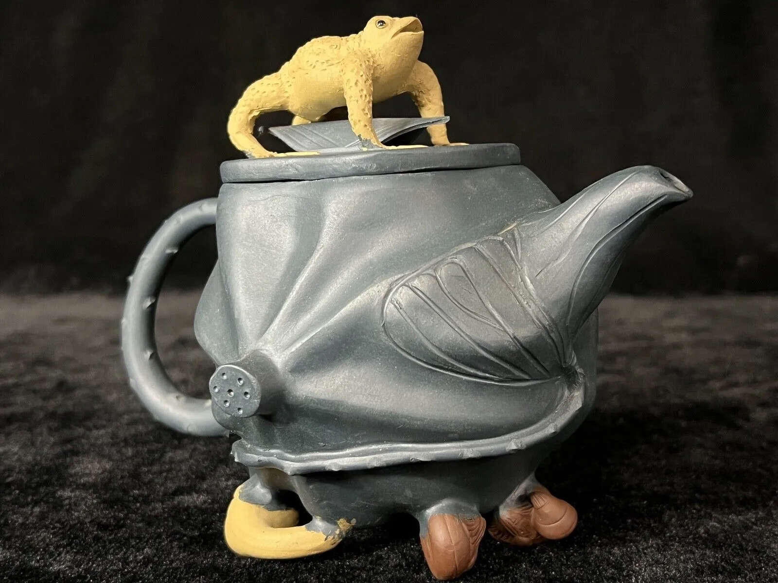 Vintage Chinese Yixing Purple Clay Tea Pot Lotus Por & Toad After Jiang Rong