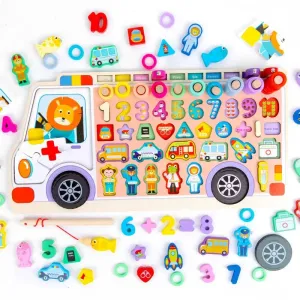 Wooden Ambulance Log Board with Puzzles & Fishing