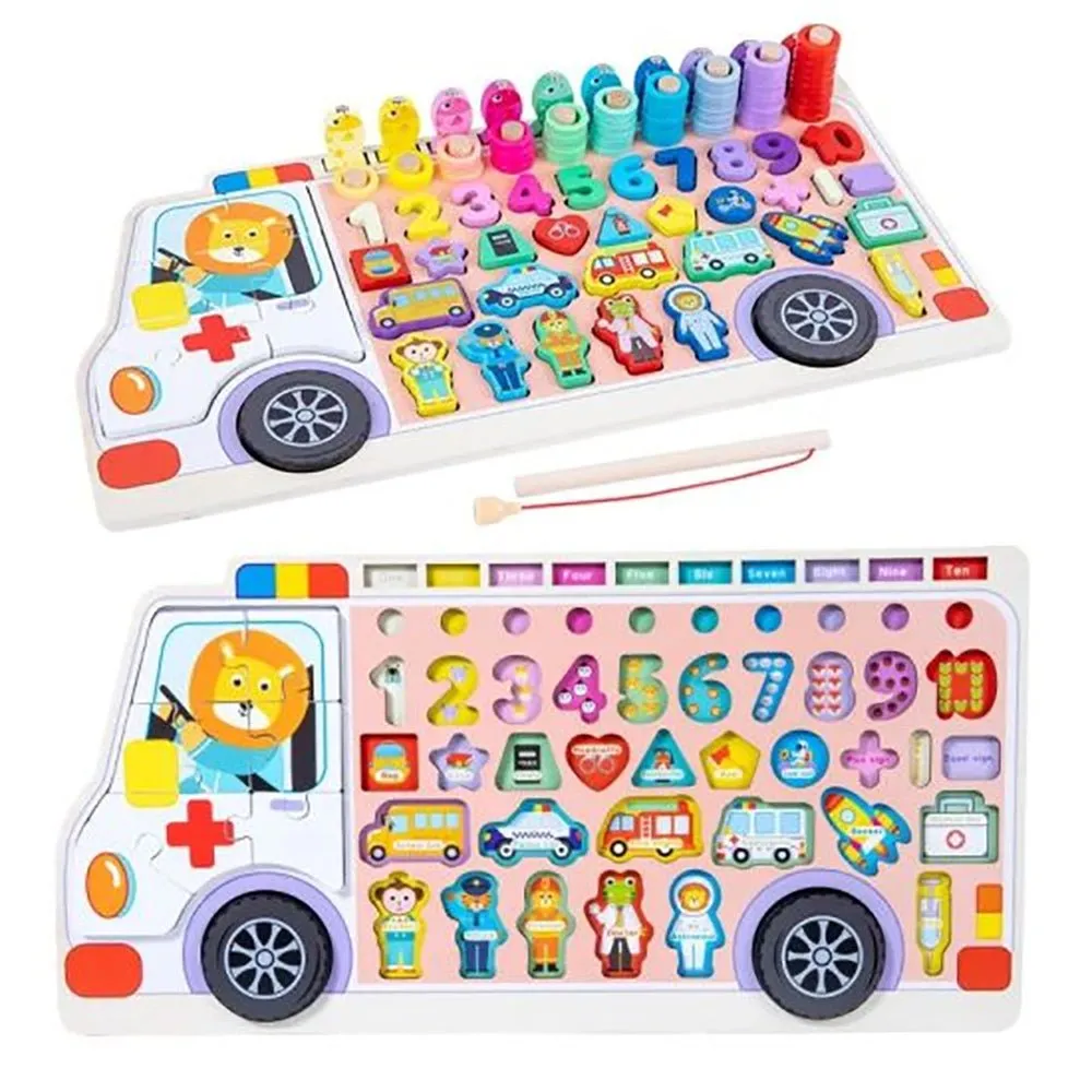 Wooden Ambulance Log Board with Puzzles & Fishing