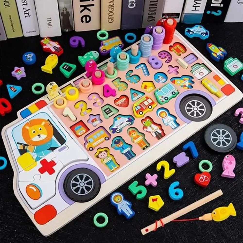 Wooden Ambulance Log Board with Puzzles & Fishing