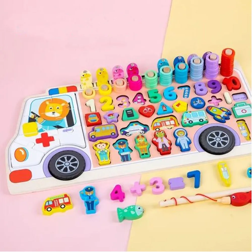 Wooden Ambulance Log Board with Puzzles & Fishing