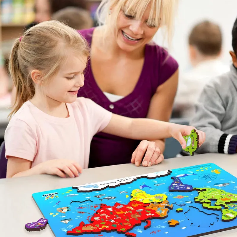 Wooden Educational World Continent Map, Continents Learning, Board Puzzle